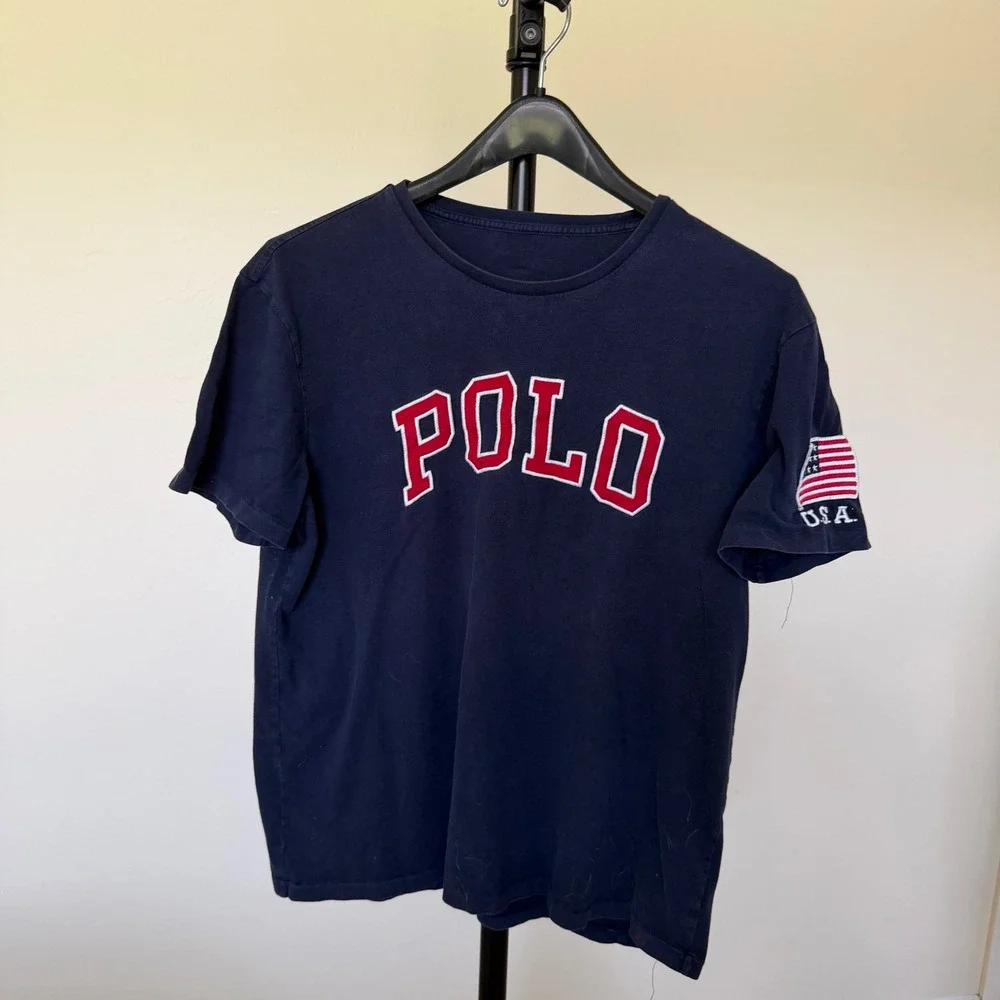 Polo Ralph Lauren Mens Navy Blue USA Flag Patch Graphic T-Shirt Preppy - Large‎